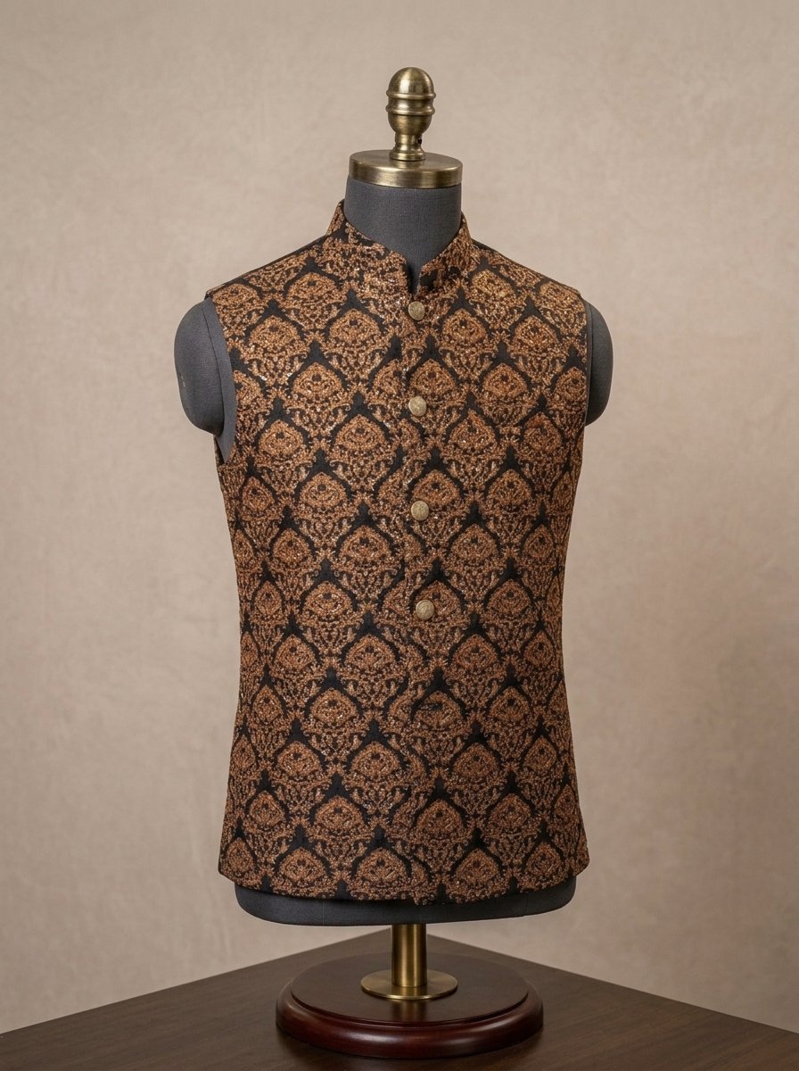 Black &  Brown Sequence Emroidered Waistcoat